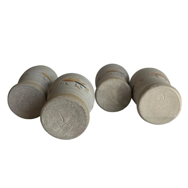 Hand Thrown Japanese Style Studio Pottery Drinkware With Fish Design - Set of 4 For Sale - Image 12 of 13