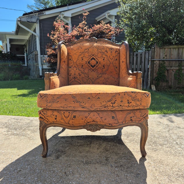 Mid-20th Century Vintage Carved Walnut Frame Wingback Style Bergere Arm ...