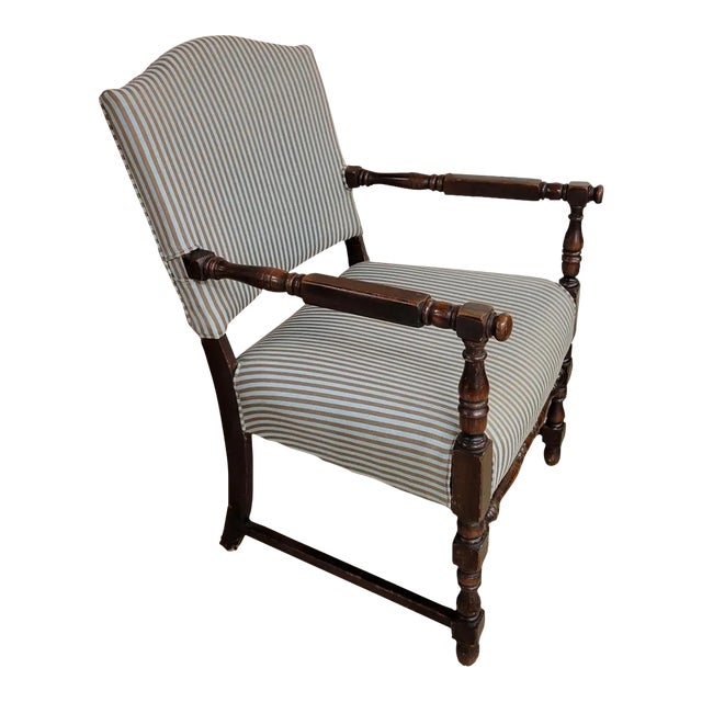 Vintage English Open Wooden Arm Chair in Stripped Tan and Light Blue Upholstery For Sale