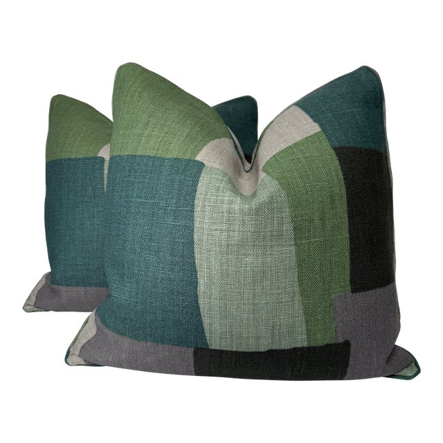 Peter Dunham "Collage" in Green/Gray 22" Pillows-a Pair For Sale