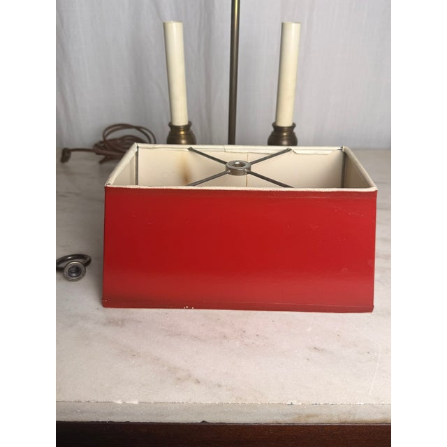 Vintage 2-Light French Bouillotte Style Table Lamp With Red Shade, Antique Brass & Wood Desk Lamp For Sale - Image 12 of 17