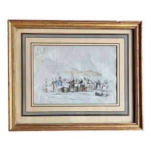 Antique 19th Century Italian Grand Tour Pastel Drawing of a Market Street Scene in Florence