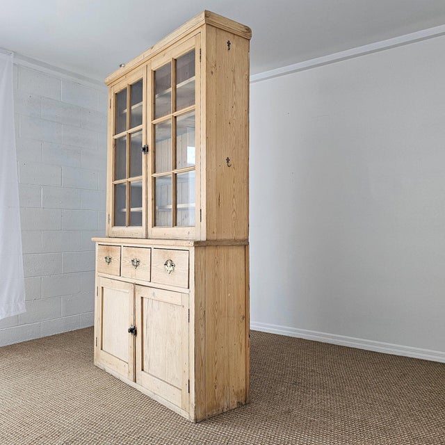 Late 19th Century Antique English Pine Glass Door Hutch Bookcase Cabinet | Circa 1880 For Sale - Image 5 of 18