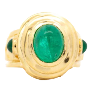 Vintage 3 Carat Cabochon Cut Colombian Emerald Bezel in 20k Yellow Gold Ring Size 6.25