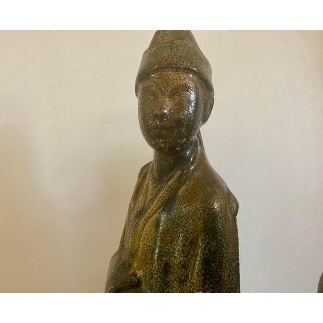 Camel Pair of Vintage/Antique Ceramic Asian Scholar Figures on Pedestal Bases Set of 2 For Sale - Image 8 of 18