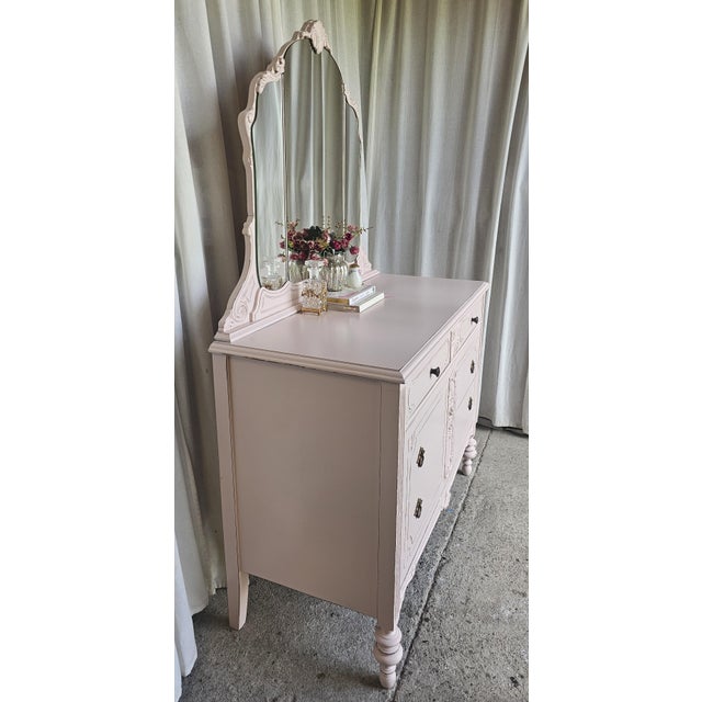 Jacobean Vintage Pink Dresser With Detachable Mirror For Sale - Image 3 of 13