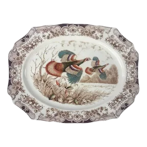 English Transferware Large Turkey Platter, Flying Turkeys by Johnson Brothers