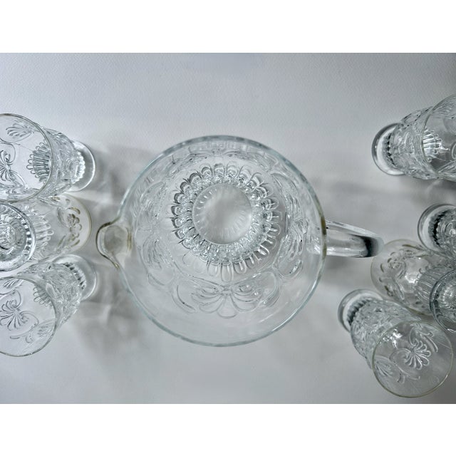 Vintage Set of Pilgrim Glass Corp. Adams Clear 8 Pedestal Glasses & Pitcher For Sale - Image 11 of 18