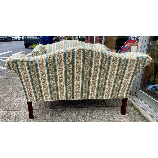 Mid 20th Century Mid 20th Century Pair Taylor-King Queen Anne Camelback Sofa Loveseat Floral Blue White Stripe For Sale - Image 5 of 12