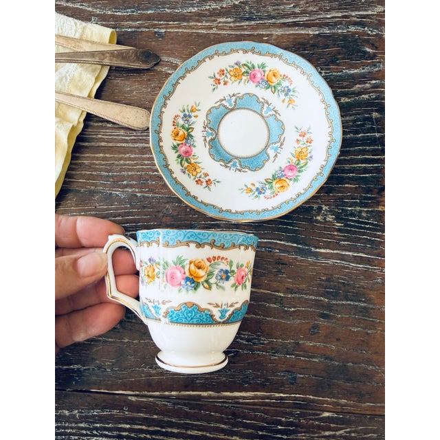 Vintage Crown Staffordshire Lyric Tunis Blue Fine Bone China – 6 Small Teacups & Saucers – 12 Piece Set – England For Sale - Image 10 of 12