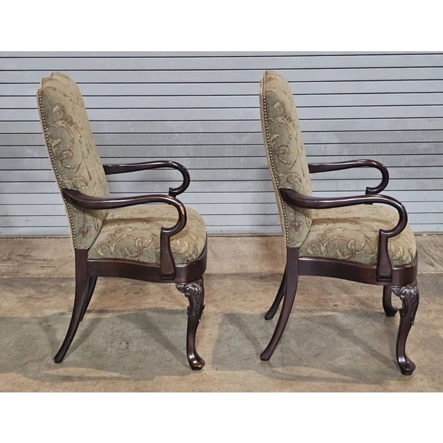 Henredon Late 20th Century Pair of Henredon Mahogany Open Arm Chairs Queen Anne Style Designer Fabric For Sale - Image 4 of 7