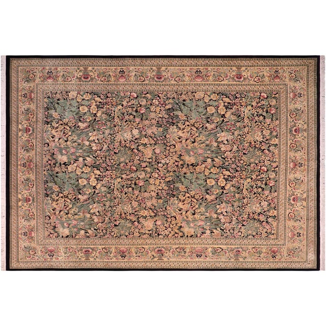 1990s Shabby Chic Botanical Inkalab Pak-Persian Black/ Tan Wool Rug - 10' X 14'3" For Sale - Image 9 of 10
