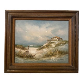 Mid-Century Coastal Dune Seascape Oil Painting in Substantial Wood Frame - Signed Lionel For Sale