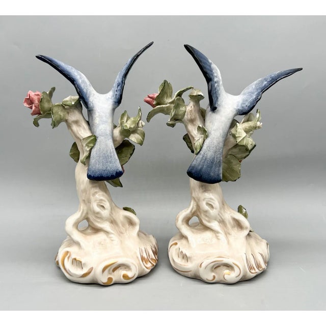 Mid 20th Century Pair of Vintage English Copeland Porcelain Bird Figurines — Bluebirds With Pink Blossoms — European / Cottagecore / Romantic For Sale - Image 5 of 14