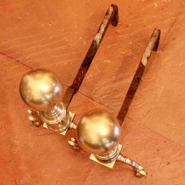 Pair of Antique American Cannon Ball Top Brass Andirons For Sale - Image 10 of 12