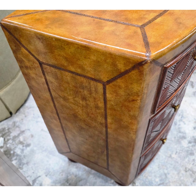 Late 20th Century Pair of Lineage Home Woven Rattan Front and Leather-Clad Bow Front Chest of Drawers For Sale - Image 17 of 18