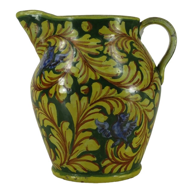 Antique Italian Faience Pitcher Polychrome Green Hand Painted Decorated Botanical Vines Bird Motif Old World For Sale