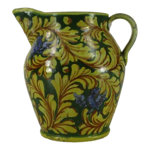 Antique Italian Faience Pitcher Polychrome Green Hand Painted Decorated Botanical Vines Bird Motif Old World