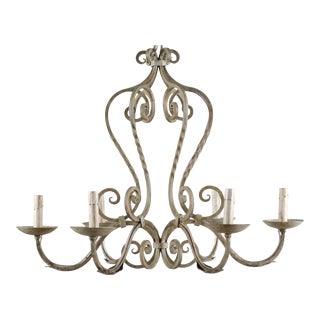 Vintage Mid 20th Century French Painted Iron 6 Light Chandelier with S-Scrolls Neutral Grey Color For Sale