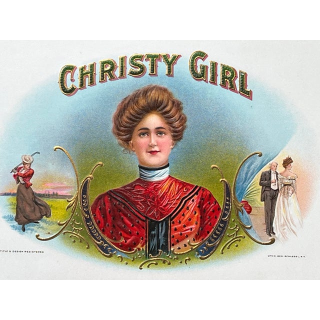 Antique Embossed chromo lithograph label with image of woman, insets of her golfing and attending a high society event.