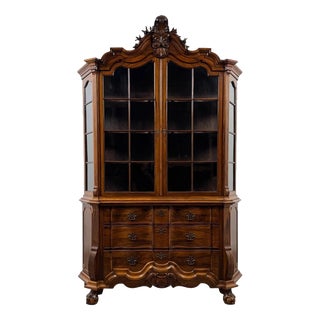 Antique Dutch Walnut Display Cabinet Vitrine with Glazed Doors For Sale