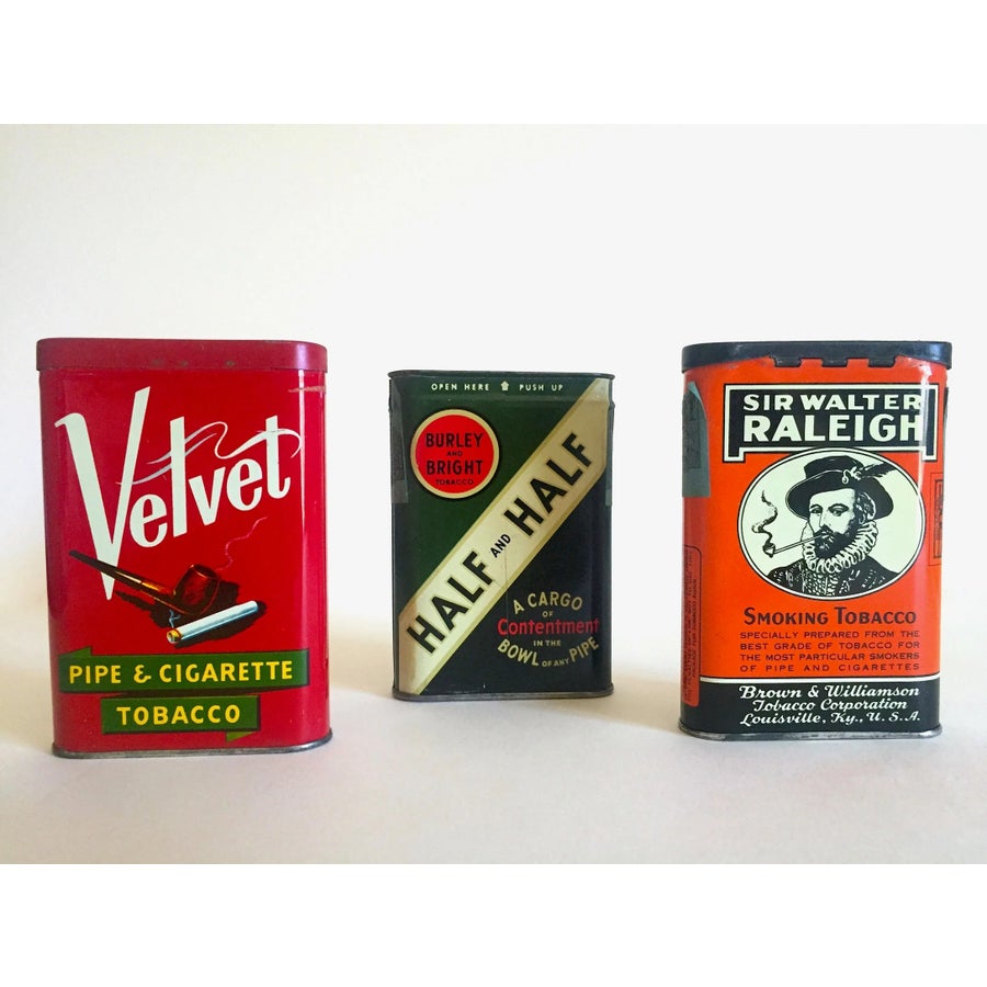 vintage half and half tobacco tins Vintage Mid Century Lithograph Print Flip Top Oval Tobacco Tin Metal Boxes  - Set of 3