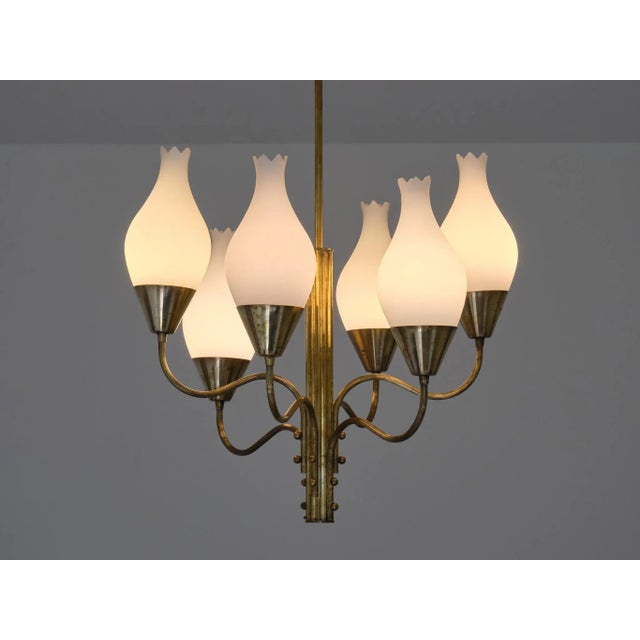 Six Arm Chandelier in Brass and Opal Glass by Edvard Hagman, Sweden, 1956 For Sale - Image 11 of 12