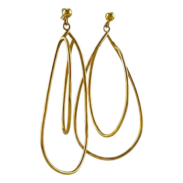 14 Karat Yellow Gold Modernist Dangle Long Hooped Earrings, Pair For Sale