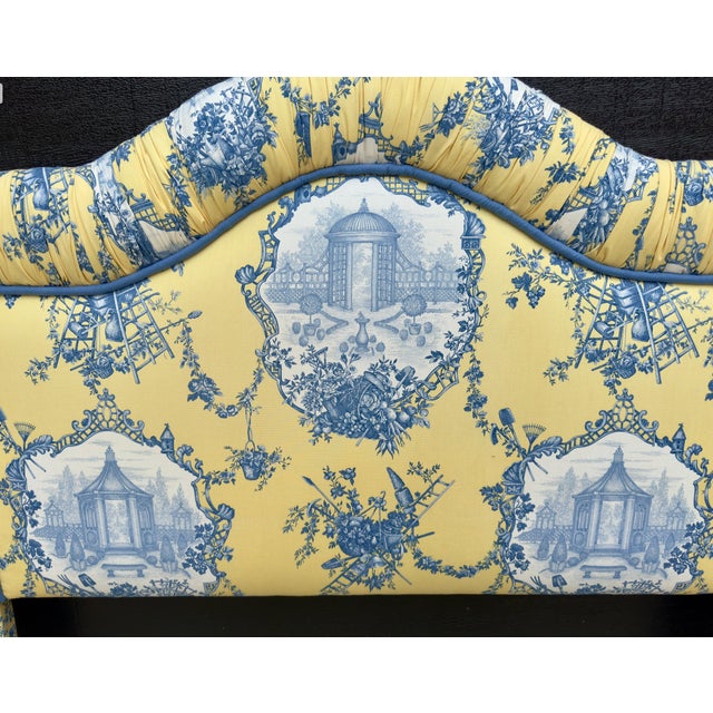 Late 20th Century Toile De Joie Upholstered French Cottage Bed Headboard Full/Queen For Sale - Image 5 of 6