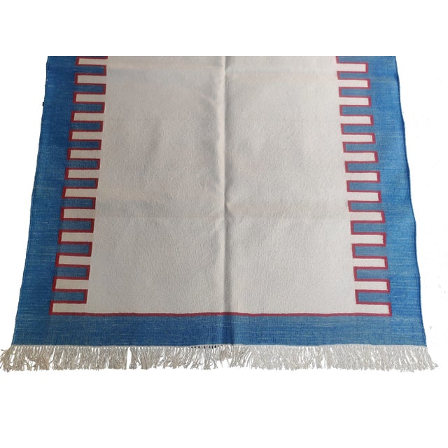 Casa Cosima Handmade Cotton Key Rug, White with Red and Sky Blue Border 4'x6' For Sale - Image 4 of 8