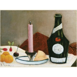 1908 Vintage French Still Life Art Print With Pink Candle by Henri Rousseau - 48" X 36" For Sale