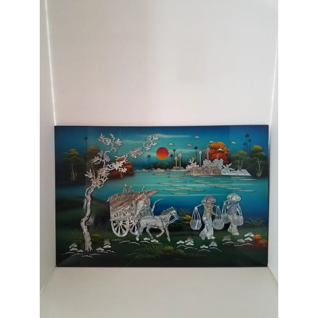 Black 1980s Asian Black Lacquer and Mother of Pearl Signed Wood Wall Hanging. For Sale - Image 8 of 8