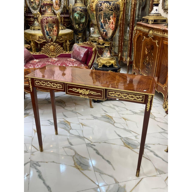 2010s French Style Console Table / Desk – Handcrafted Brown Finish With Gold Leaf For Sale - Image 5 of 9