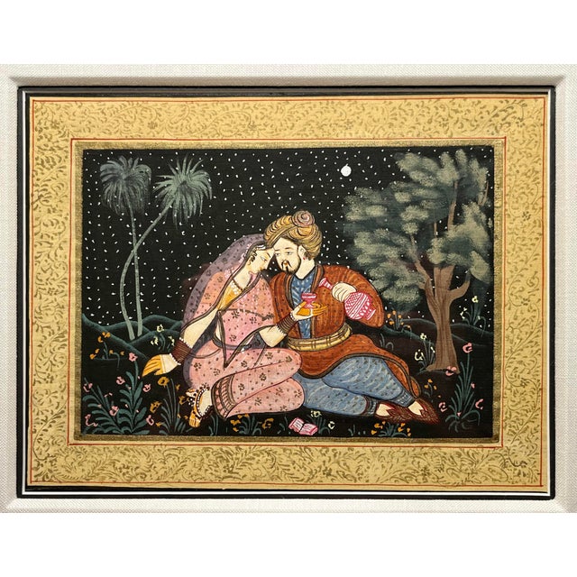 Original Vintage Rajasthani Miniature Painting Of Love Scene on Silk Framed Aprox. dimensions: Frame: 15"H x 17.5"W...