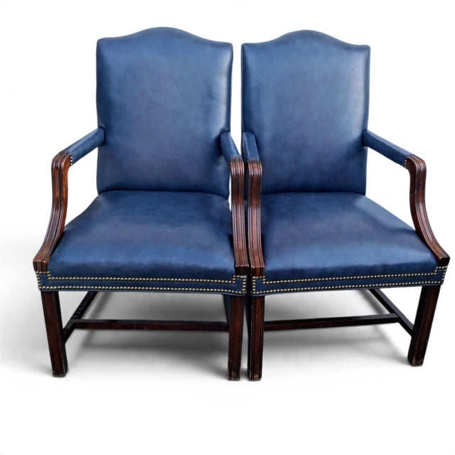 1980s Timeless Elegance: The Hancock & Moore Blue Leather Armchair Pair 1980s For Sale - Image 5 of 12