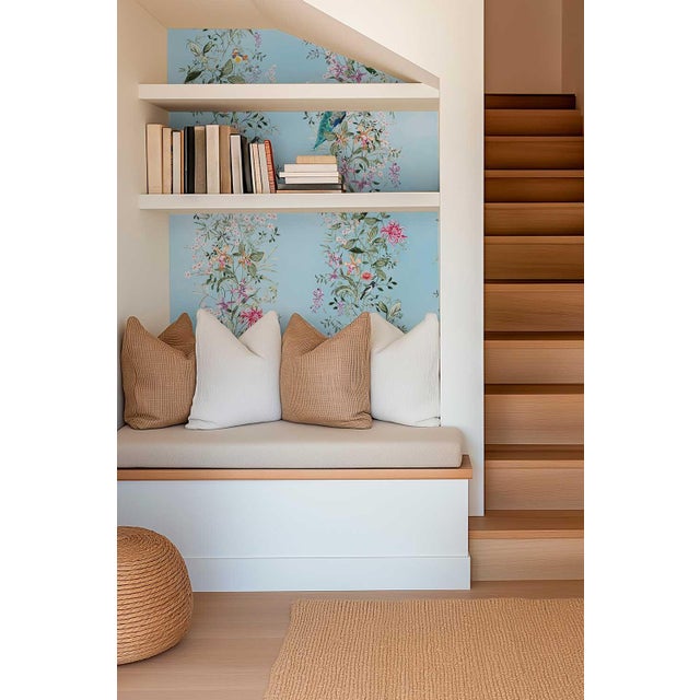 Mahjong Floral Stripe Grasscloth Wallpaper by House Party | Bam Blue | 6 Yards For Sale In Charlotte - Image 6 of 7