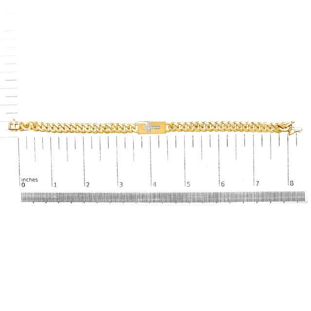 Early 21st Century 14K Yellow Gold Plated .925 Sterling Silver Diamond Accent Inlaid Cross Cuban Link Bracelet (I-J Color, I3 Clarity)- 7.25" For Sale - Image 5 of 5