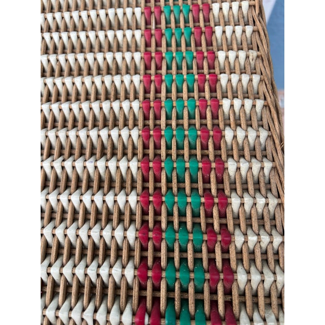 1960s Vintage Wicker and Vinyl Rattan Picnic Basket Red Green and White Picnic Basket Suitcase For Sale - Image 5 of 12