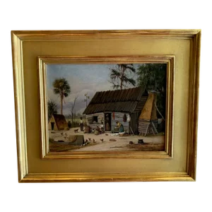 Late 20th Century Southern Homestead Landscape Oil Painting, Framed