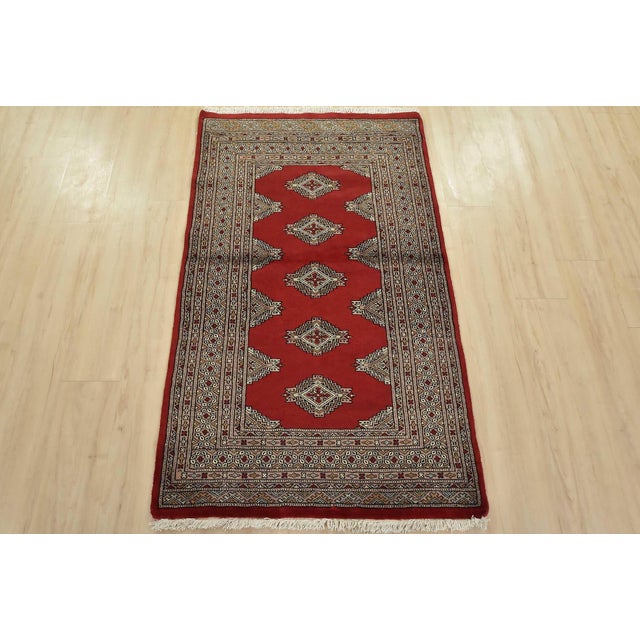Tribal Bokhara Jaldar Rug 3’1” X 5’2” Red Wool Tribal Hand-Knotted Oriental Carpet For Sale - Image 3 of 11