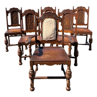 Early 20th Century Jacobean Revival Carved Oak Dining Chairs – Set of 6 For Sale