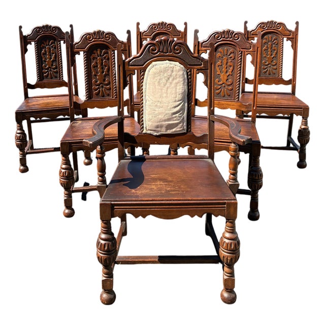 Early 20th Century Jacobean Revival Carved Oak Dining Chairs – Set of 6 For Sale
