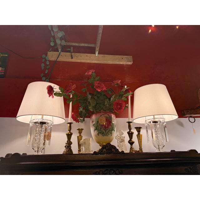 Absolutely Gorgeous pair of vintage Regency style cut crystal table lamps featuring hand-cut crystal bodies and hanging...