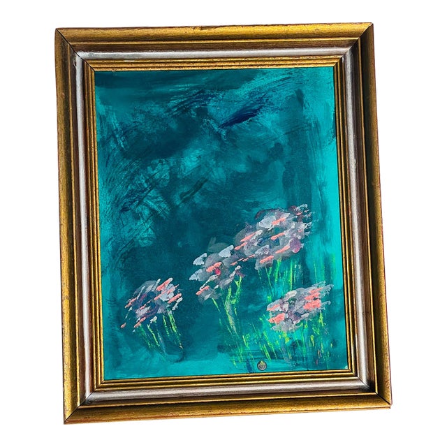 Contemporary Abstract Painting in Green in Antique Frame For Sale