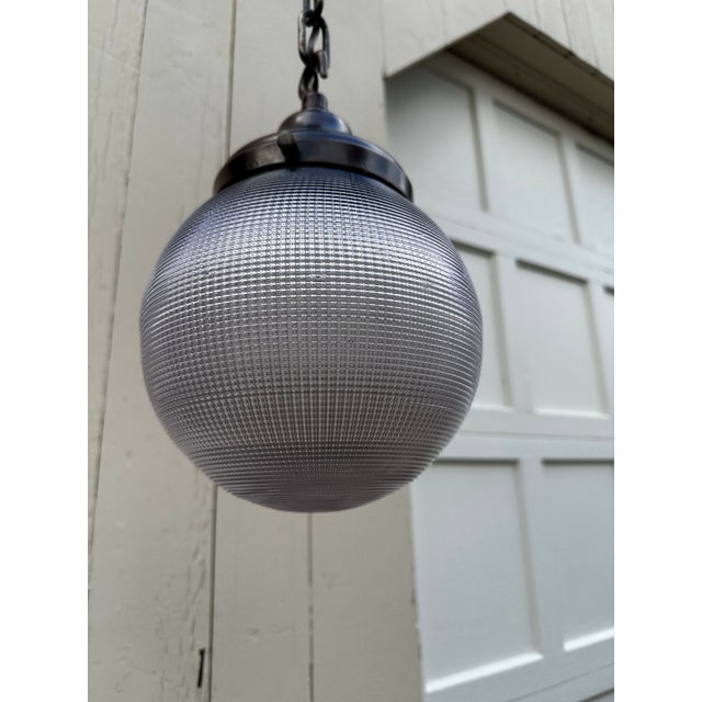 1920s Vintage 8" Diameter Holophane Waffle Pattern Ball Shade With Vintage Copper Fixture For Sale - Image 5 of 6