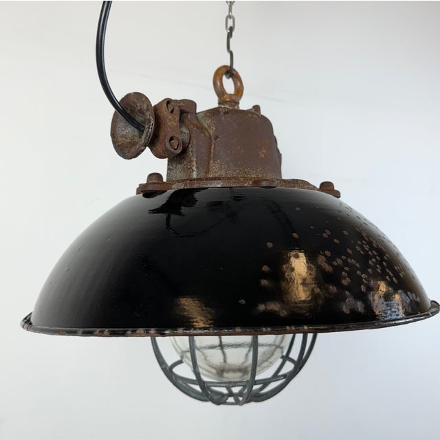 Glass Industrial Black Enamel and Cast Iron Cage Pendant Light from Elektrosvit, 1960s For Sale - Image 7 of 18
