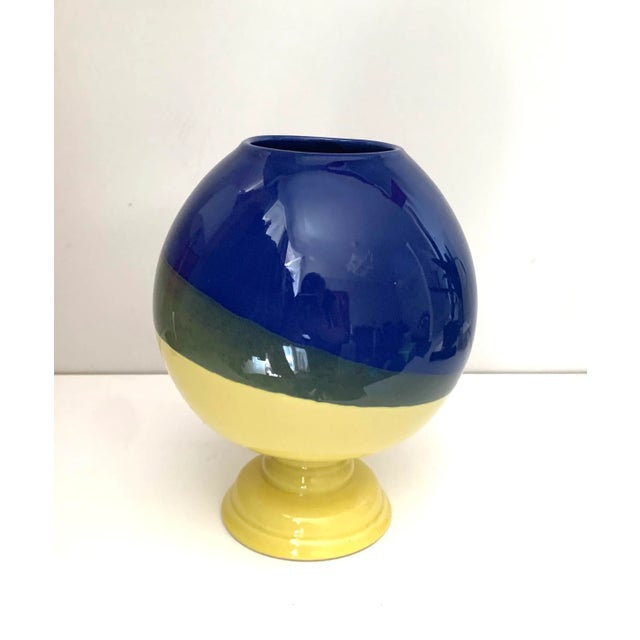 2000 - 2009 European Mid Century Modern Large Ceramic Modern Contemporary Blue and Yellow Footed Vase - Marked 2000 For Sale - Image 5 of 5