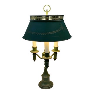 1950’ French Brass and Painted Tole’ Three - Light Bouillotte Table Lamp For Sale