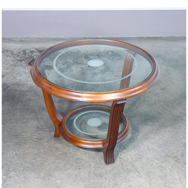 Art deco wooden coffee table, with two circular glass tops. Period 1930s model low table, coffee table materials solid...