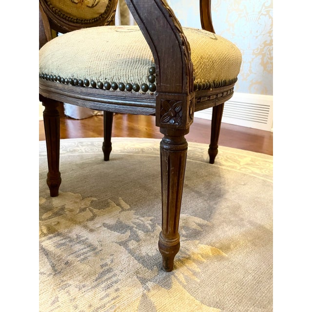 Louis XVI Style Upholstered Balloon Back Walnut Carved Fauteuil Chairs - a Pair For Sale - Image 10 of 13